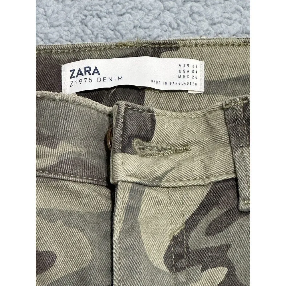 Zara Z1975‎ Denim Camouflage Ankle Pants Green Distressed Raw Hem Womens 4 - Picture 2 of 11